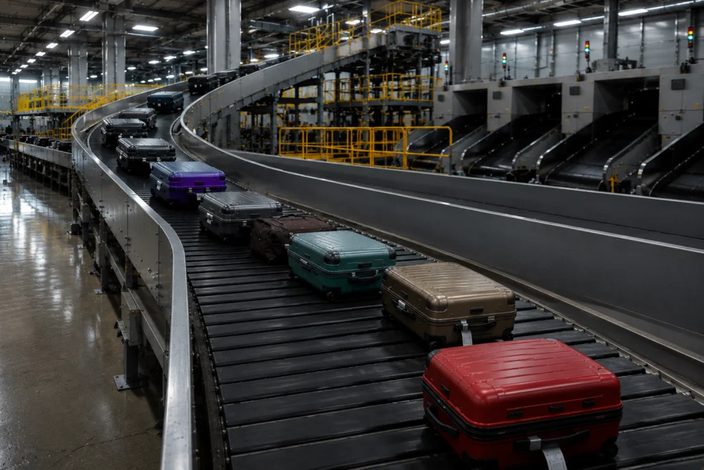 Installation of an automated airport baggage handling system with conveyor technology and technical supervision.